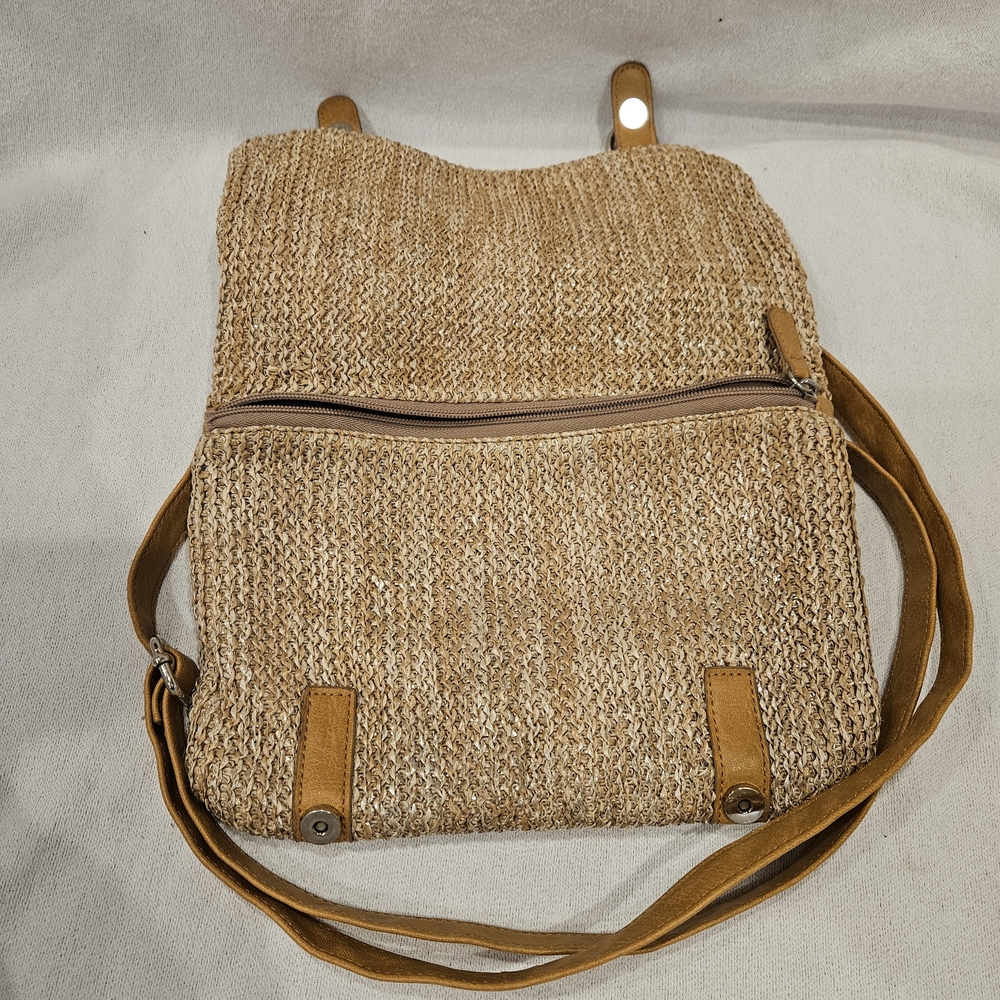 Olivia + Joy Tan and Brown Woven Crossbody Bag With Buckle And Ring Accents - Picture 7 of 9